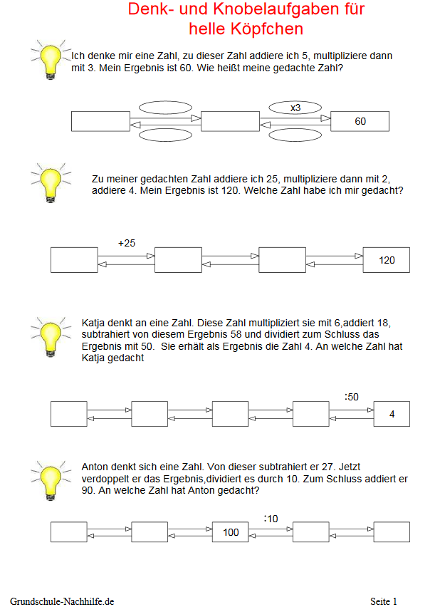 Arbeitsblatt Nachhilfe Mathe Klasse 3 / 4 Denk- und Knobelaufgaben